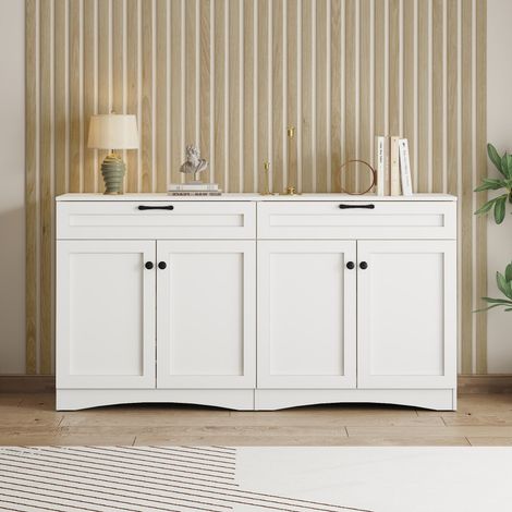 Buffet et Enfilade-2 Grands Placards-7 Compartiments-2 Tiroirs-Design Courbe-Blanc-160x40x85 cm-Salon (1/5)