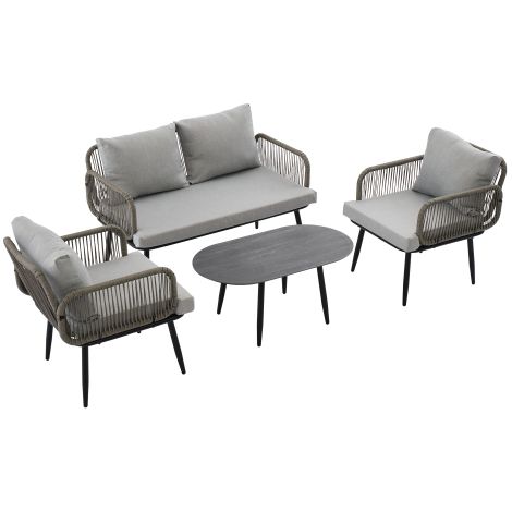 Salon de jardin bas ensemble canapé 2 places 2 fauteuils et table basse corde tressée à la main acier galvanisé gris (1/5)