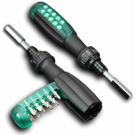Tournevis à cliquet avec embout magnétique, 10 en 1, petite poche, vert, 1 pièce (1/4)