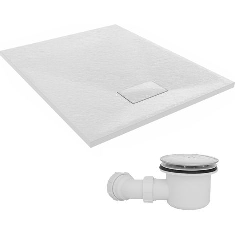 NRG 1000 x 800mm SMC White Rectangle Slate Effect Bathroom Shower Tray & Fluidmaster Fast Flow Waste Trap