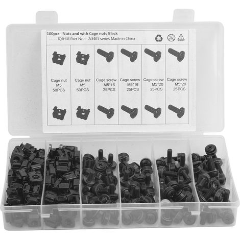 Kit écrous de cage M5 en acier au carbone et vis de fixation pour armoires et véhicules (1/5)