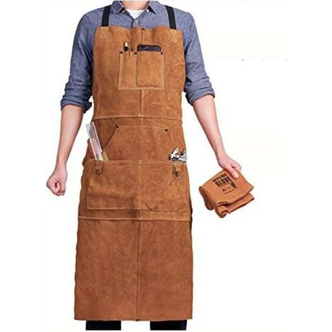 Tablier de Soudeur avec 6 Poches, Tablier de Travail en Cuir Anti-Chaleur Ignifuge, Tablier de Menuisier pour Homme Réglable de M à XXXL, Parfait pour Forgeron, Mecanicien, Atelier (1/5)
