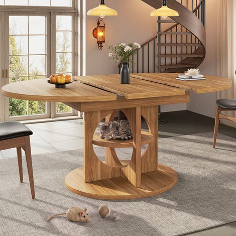 Table extensible avec rangement, 110-150 cm, effet bois/noir, résiste jusqu’à 60 kg, forme ronde à ovale (1/5)