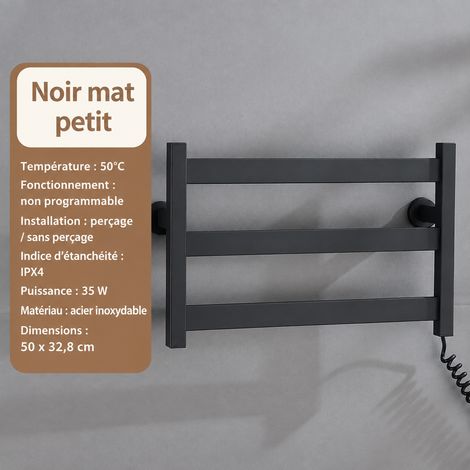 Sèche-serviettes électrique mural, version thermostatique noire à 3 barres, température constante 50 °C, sortie de câble à droite, 55,5 × 34,5 × 7,5 cm, 2,2 kg – Livraison gratuite (1/4)