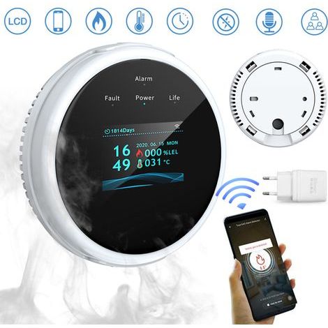 Noonedibs ist ein intelligenter, kabelloser Gasdetektor zur Erkennung von Gaslecks. Er ist mit der Tuya-App kompatibel und alarmiert Sie über sein LCD-Display und Lichtsignale auf Ihrem Smartphone. (1/5)