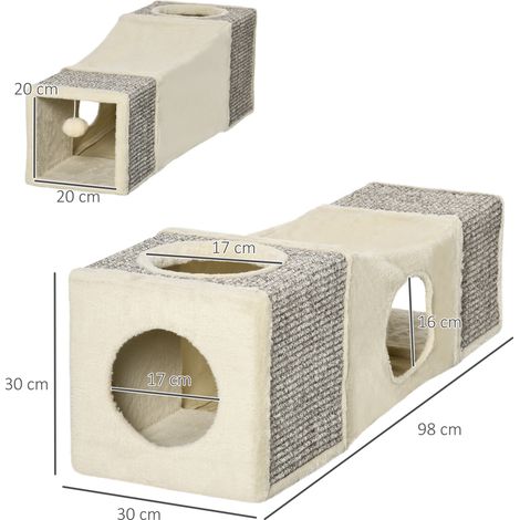 Tunnel de jeu pour chat avec balle interactive, jouet d'activité en sisal, couleur marron et crème, dimensions 98 x 30 x 30 cm, accessoire ludique pour félin (1/5)