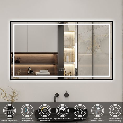LED Badezimmerspiegel Badspiegel Wandspiegel mit 3 farben Dimmbar Bluetooth Uhr 80x60cm (1/5)