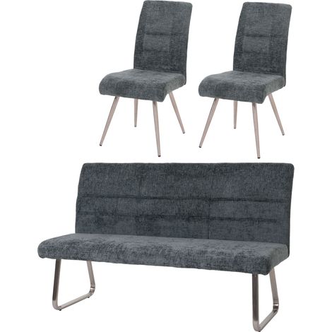 Set de salle à manger HWC-G55, set de 2 chaises + banc 180cm, inox brossé tissu/textile chenille bleu-vert (1/3)