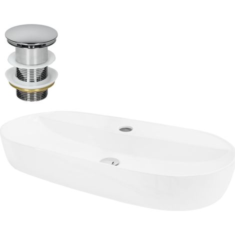 ML-Design Lavabo de Cerámica 80x40x12 cm Blanco con Juego de Desagüe Fregadero Ovalado de Pared o Sobre Encimera Pila de Diseño Moderno Lavamanos para Baño o Aseo con Agujero para Grifo (1/5)