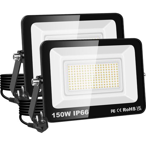 Projecteur LED 150W, étanche IP66, éclairage de sécurité 15000 lm, applique murale extérieure blanc chaud 3000K pour jardin, cour, garage, terrasse, entrepôt, avec prise UE (2 pièce) (1/5)