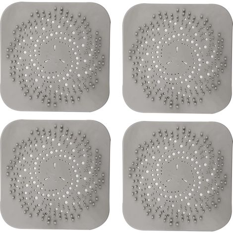 Grille d'évacuation des cheveux carrée pour douche, en silicone avec ventouse, facile à installer, convient pour salle de bain, baignoire, cuisine, lot de 4 (gris-blanc), gris