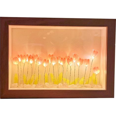 Ortviai Cadre Photo Lumineux avec Fleurs de Tulipes Artificielles – Veilleuse Décorative pour Intérieur, 16 Fleurs Roses (1/5)