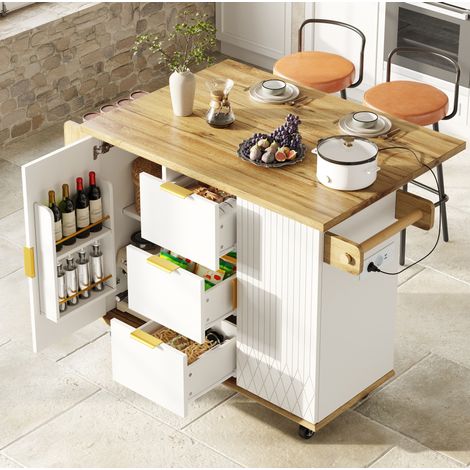 Ensemble îlot de cuisine mobile avec 2 tabourets de bar, prise intégrée, MDF métal, blanc (1/5)