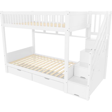 Litera infantil 90 x 200 cm blanca con escalera de almacenamiento, cajones, estantes y armario (1/5)
