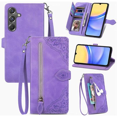Etui pour Samsung Galaxy A15 4G/5G 6.5", Coque PU Cuir à Rabat Flip, Magnétique, Housse de Protection,Vigne à fleurs violettes SZY6 (1/5)