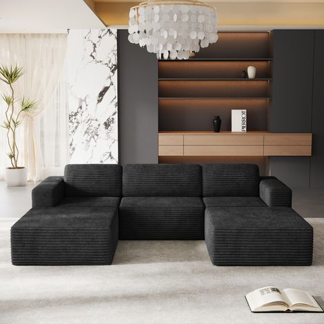 Modulares 3-Sitzer-Sofa in U-Form, Cordbezug, 2 Hocker, keine Montage erforderlich, für Wohnzimmer, 303 x 202 x 82 cm, Schwarz