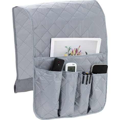 Armlehnen-Organizer für Stuhl, Sofa und Couch – Schutzhülle mit Aufhängetaschen – Platzsparende, rutschfeste Aufbewahrungstasche für Handy, Bücher, Zeitschriften und Fernbedienung – Grau