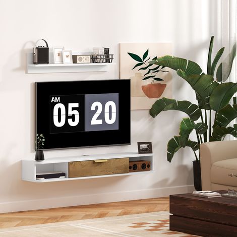 Ensemble meuble TV suspendu avec étagère murale meuble bois télé mural passe-câbles 120 x 24 x 16 cm blanc