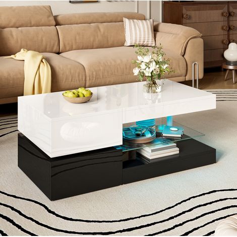 Mesa salón moderna LED con cristal y brillo blanco negro OKMYHOME (1/5)