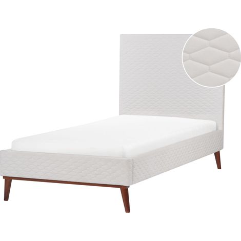 Cama con somier cabecero panal acolchado diseño moderno tapizado de terciopelo blanco crema 90 x 200 cm Bayonne (1/5)
