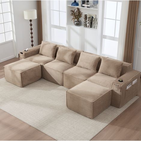 Modulares 4-Sitzer-Sofa 330x162x75 cm Khaki aus Cord mit 2 Hockern, Getränkehaltern und Seitentaschen (1/5)