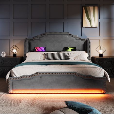 letto contenitore 180x200 LED USB C velluto grigio OKMYHOME (1/5)