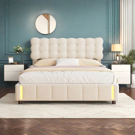 Sureh – Lit coffre 160x200 cm avec sommier à lattes en bois – Tête de lit capitonnée en velours beige – Mécanisme hydraulique avec éclairage LED