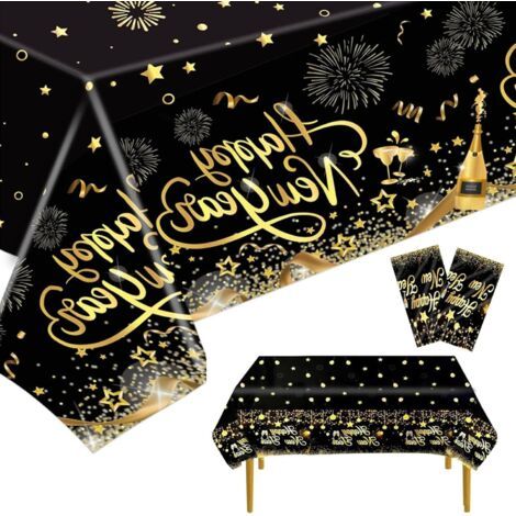 2 Pièces Nappe Noire et Dorées,137 X 274cm nappe rectangulaires en plastique noir et doré, Couverture de table rectangulaire noire et dorée, Nappe jetable Noir Or, pour Decoration Nouvel Shower (1/5)