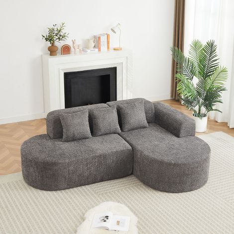 Canapé d’angle en L 3 places 222x157x73 cm avec méridienne droite, formes arrondies style Wabi-Sabi, 3 coussins dossier, chenille gris anthracite (1/5)