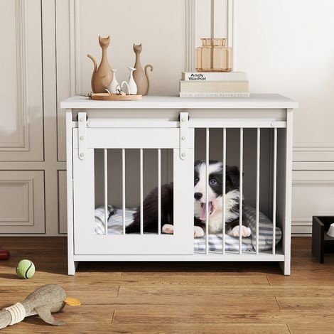Cage pour Chien Moderne Niche en Bois avec Large Plateau Porte Coulissante Tubes Métalliques Résistants aux Morsures Blanc