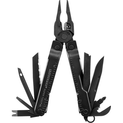 Leatherman Super Tool 300M, multiherramienta táctica para militares y mantenimiento de armas, 18 funciones, acero inoxidable 420HC, óxido negro, funda MOLLE negra.