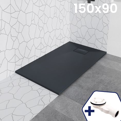 BADLAND Duschwanne 150x90x3,2 VIDAR Schwarz Verbundwerkstoff Duschtasse Rechteck, Steinoptik, mit Ablaufgarnitur Ø 90 mm (1/5)