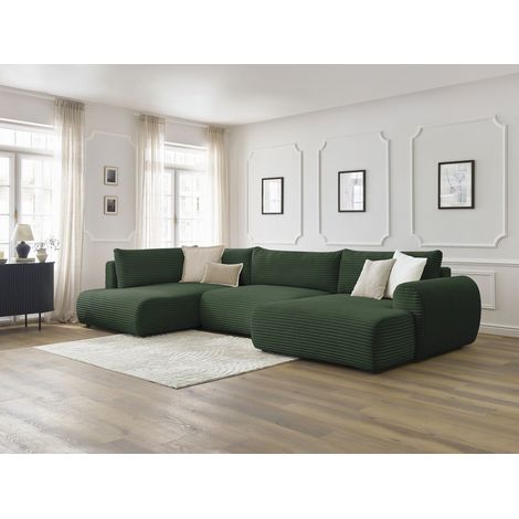 BOBOCHIC - Canapé panoramique convertible coffre LUCIEN gros côtelé doux Angle droit  Vert (1/5)