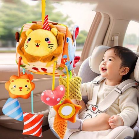 Jouet Siège Auto Bébé - Tapis Éducatif Double Face avec Miroir et 3 Jouets Suspendus - Pour Poussette et Siège Auto - 0 à 12 Mois - Jaune (1/5)