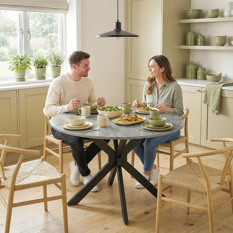 Table de salle à manger pliante pour 2 à 6 personnes, table ronde pliante avec structure en acier à double X, plateau épais, gris ciment