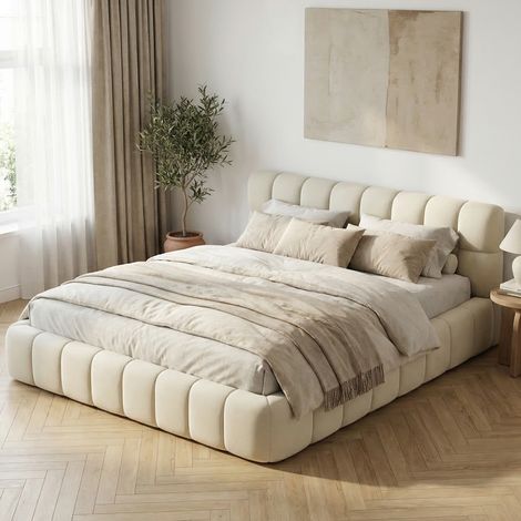 Letto per adulti 140x190 con rete, letto matrimoniale capitonné in lino, design a nuvola e struttura del letto bassa, stile scandinavo moderno(140x190cm, Beige)