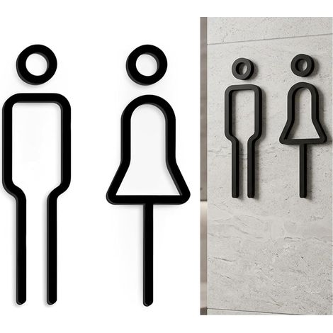 Plaque de porte de toilette, noire, moderne, autoadhésive, élégante, en acrylique, avec symbole homme et femme, pour salle de bain d'invités, pour homme et femme (1/5)