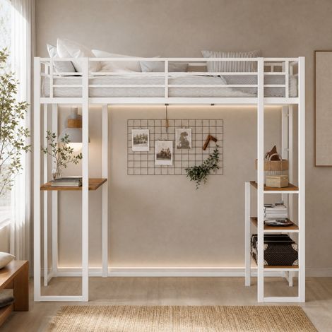 Lit mezzanine 90x190 cm avec bureau et rangement sous lit, structure en fer blanc, REDOM (1/5)