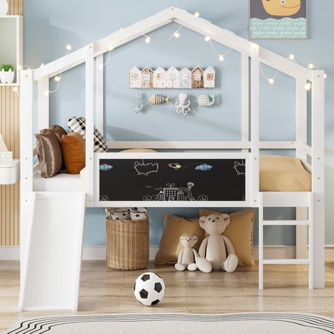 Lit enfant 90 x 200 cm, style mezzanine avec échelle et toboggan de sécurité, avec tableau blanc, lit multifonctionnel, en bois massif, lit simple, lit superposé, blanc (1/5)