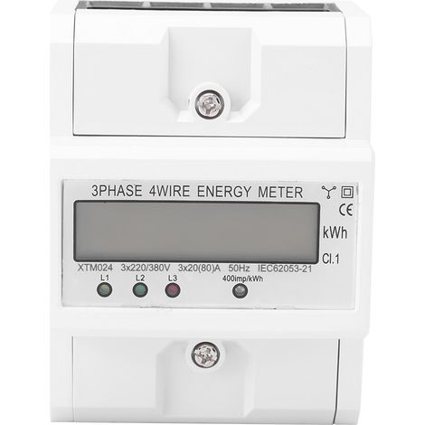 Compteur d'énergie électronique kWh triphasé à quatre fils, 3 x 20 (80 A), avec écran LCD numérique et rail DIN (1/5)