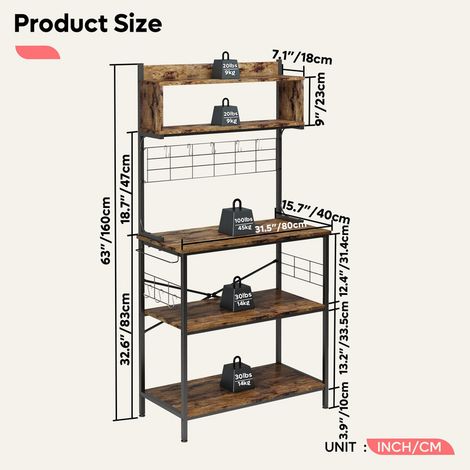 Bread & Microwave Rack with 4 Shelves, Multifunctional Coffee Bar Shelf with 8 Side Hooks, Open Storage for Kitchen (1/5)