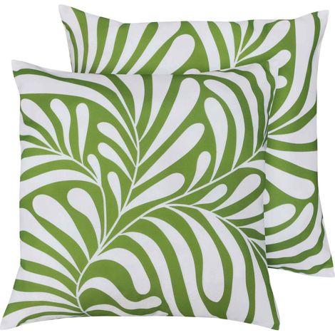 Lot de 2 coussins carrés polyester 45x45x8 cm blanc et vert olive (1/4)