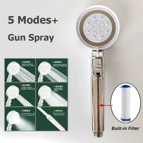 (Douche à main argentée) Nouvelle pomme de douche effet pluie réglable à 5 modes, jet supérieur haute pression et grand débit, fixation au plafond, 175 mm, douche de salle de bain Supercharge (1/5)