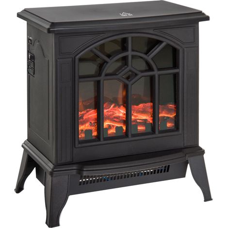 HOMCOM Freestanding Electric Fireplace Heater w/ LED Flame 1000W/2000W Black (1/5)