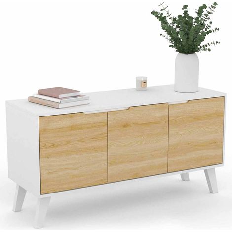 Idmarket – Buffet bas scandinave 113 cm – 3 portes – blanc et bois façon hêtre – Structure en panneaux de particules – Pieds en bois de pin