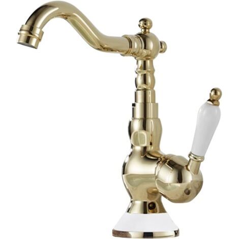 Robinet de lavabo à poignée unique et col de cygne, pivotant à un trou, robinet d'eau chaude et à eau froideo,or,court, base et poignée en céramique (1/5)