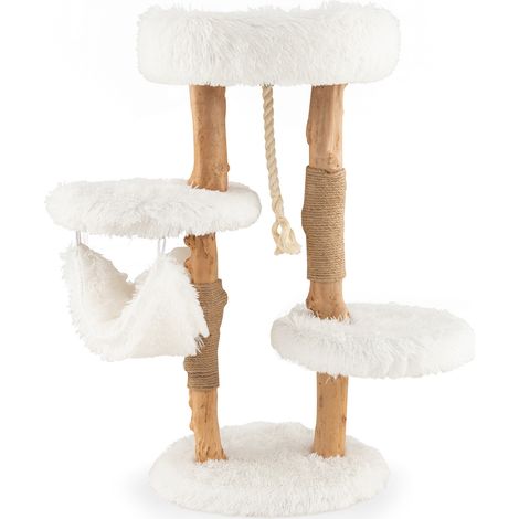 Arbre à chat en bois massif avec griffoirs en jute et corde suspendue, coussin amovible et hamac pour intérieur et salon (1/5)