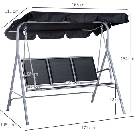Outsunny 3-Sitzer-Gartenschaukel mit verstellbarem Sonnendach, atmungsaktiver Rückenlehne und Metallrahmen für Terrasse und Balkon, Tragkraft 240 kg, 171 x 108 x 150 cm, Schwarz