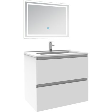 Ensemble meuble de salle de bain 60cm, vasque céramique et LED miroir mural, blanc