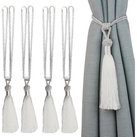 Embrasses de rideaux faites à la main en corde avec pompons pour décoration de bureau et de maison, blanc (blanc, 4) (1/5)